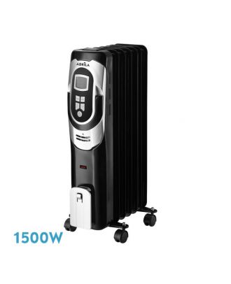 Radiador Aceite Confort 1500w 7elementos Negro/plata 3potencias Termost.reg. Temporizador, Ruedas Luz Ind. 62x34x24cm 