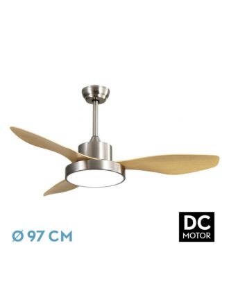 Ventilador Dc Hayate 24w 2650lm Niquel/haya 3aspas  6vel 97d 3000-4000-6000k Remoto,memoria Y Temporizador