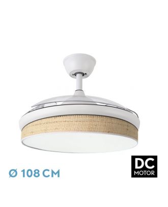 Ventilador Dc Moda 72w Blanco/cañizo Claro 108d 3aspas 7200lm 3000k,4000k,6000k Remoto+memoria+temporizador