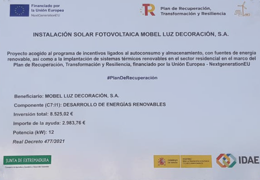 Proyecto de instalaci&oacute;n solar fotovoltaica de Mobel Luz Decoraci&oacute;n